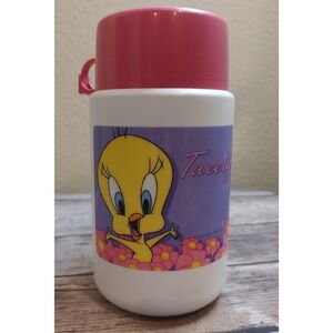 Vtg Tweety Bird Thermos with Lid Looney Tunes Plastic Food Storage